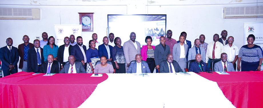 Vice Chancellor, Prof. Barnabas Nawangwe (Seated Centre) flanked by Chairperson Mak-RIF Prof. Fred Masagazi Masaazi (on his Right), Ag. Manager Mak Innovations Hub Dr. Cathy Mbidde (on his left) at the launch of Commercialization Grant Awards on Tuesday December 19th 2023 at Senate Conference Hall.